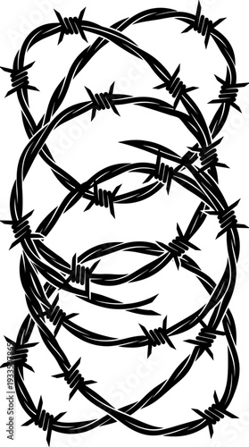 Coiled barbed wire in a dark art form representation. The intricate and dangerous barbed wire creates abstract art.