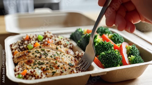 Prepared meal in eco friendly packaging with chicken broccoli and grains