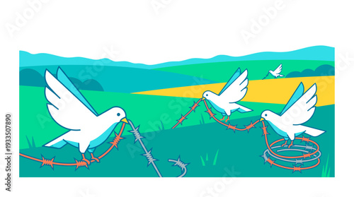 Peace doves carrying barbed wire, symbolizing hope and freedom