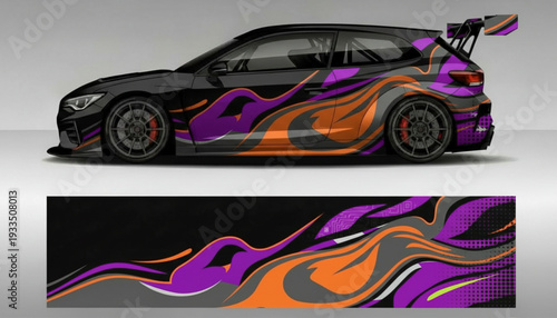 Black sports car with vibrant purple, orange, and grey abstract flame decal design, showcasing the vehicle wrap template.