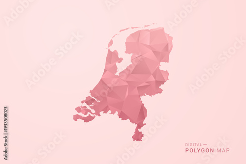 Netherlands Map - Polygon Style Vector Illustration in Soft Pink Valentine Theme, Low Poly Geometric Design, Isolated on Pastel Background.