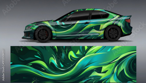 Modern green abstract car wrap design with dynamic flowing shapes on a sports coupe, showcasing the full graphic pattern.