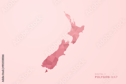 New Zealand Map - Polygon Style Vector Illustration in Soft Pink Valentine Theme, Low Poly Geometric Design, Isolated on Pastel Background.