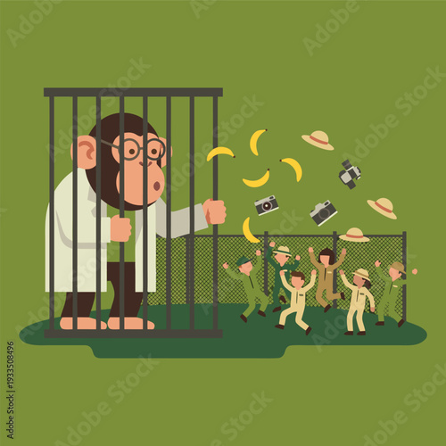 Chimpanzee scientist in cage throwing bananas to excited children.