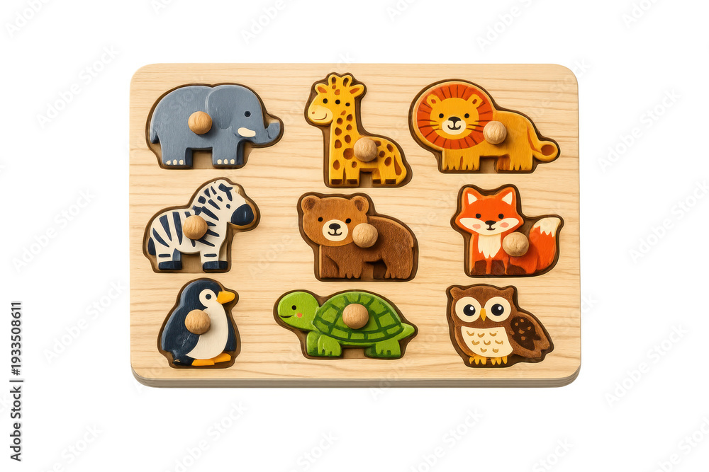 Fototapeta premium Wooden animal puzzle game promoting toddler education