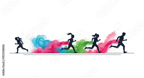 Silhouette of four people running in a colorful, vibrant illustration with rainbow paint splashes on a white background