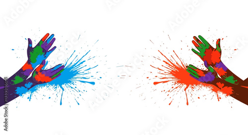 Colorful illustration of two hands with paint splashes in vibrant colors on a white background for Holi Festival Day celebration