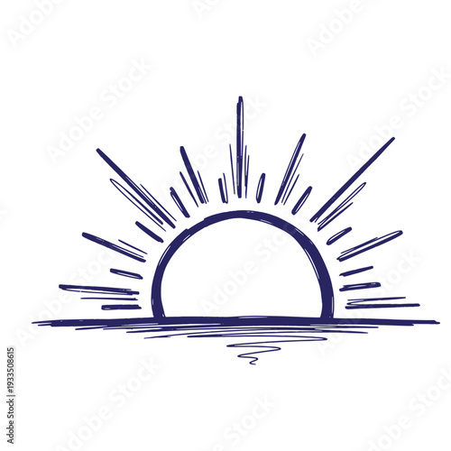 A simple hand drawn sun rising over the horizon with rays and lines  sunny day illustration