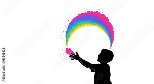 A silhouette of a child throwing pink powder under a vibrant rainbow arch on Holi Festival Day against a clean white background with colorful decorations