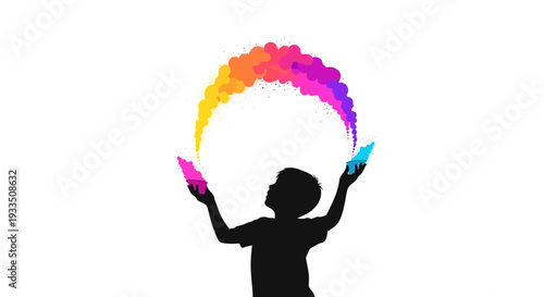 A silhouette of a person celebrating Holi Festival Day with colorful paint splashes in a vibrant rainbow pattern against a white background