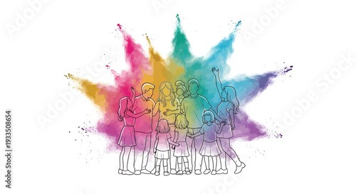 Colorful illustration of a group of people celebrating Holi Festival Day with vibrant paint splashes in the background