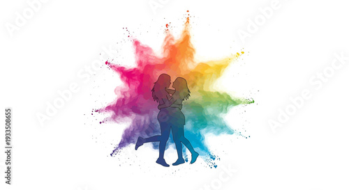 Silhouette of a business couple celebrating Holi Festival Day with colorful paint splashes in a vibrant rainbow design on a white background
