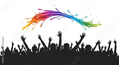 A vibrant illustration of a group of people celebrating Holi Festival Day with colorful paint splashes in a rainbow pattern against a white background