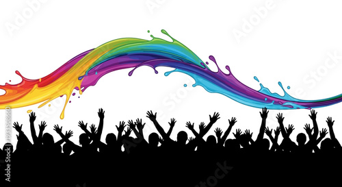 A colorful illustration of a Holi Festival Day celebration with a group of people's silhouettes raising their hands under a vibrant rainbow-colored paint splash