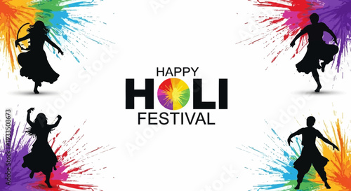 Colorful illustration of silhouettes celebrating Holi Festival Day against a vibrant, rainbow-colored background with paint splashes