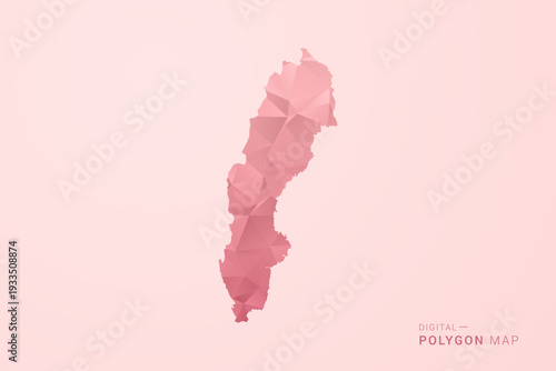 Sweden Map - Polygon Style Vector Illustration in Soft Pink Valentine Theme, Low Poly Geometric Design, Isolated on Pastel Background.