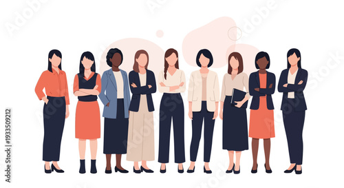 A diverse group of professional women standing together in business attire celebrating International Women's Day with a modern illustration style against a clean white background