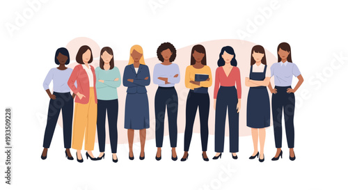A diverse group of eight women in business attire stand together celebrating International Women's Day with a sense of success and friendship