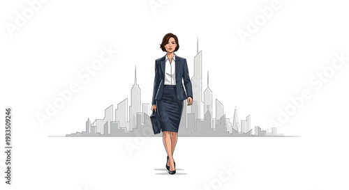 A confident businesswoman walks towards the viewer with a briefcase in hand, standing in front of a gray city skyline on a white background, conveying success and professionalism