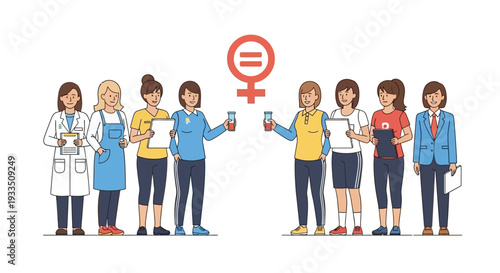 Illustration of diverse women celebrating International Women's Day with a symbol of female empowerment in a vibrant and colorful design
