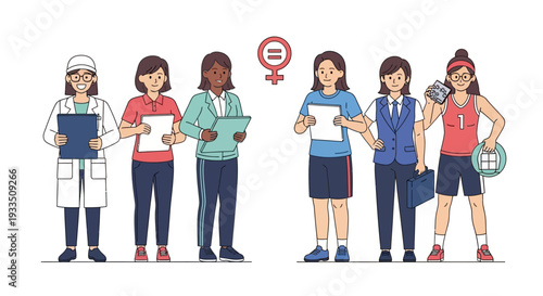 Illustration of diverse women celebrating International Women's Day in various professions with a symbol of equality and friendship