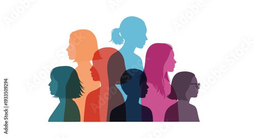 A diverse group of women in colorful silhouettes celebrating International Women's Day with a sense of unity and success in a vibrant illustration