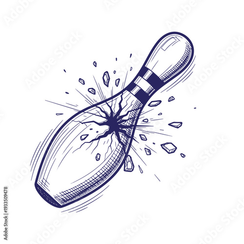 Illustration of a bowling pin shattering into pieces with cracks and fragments flying out