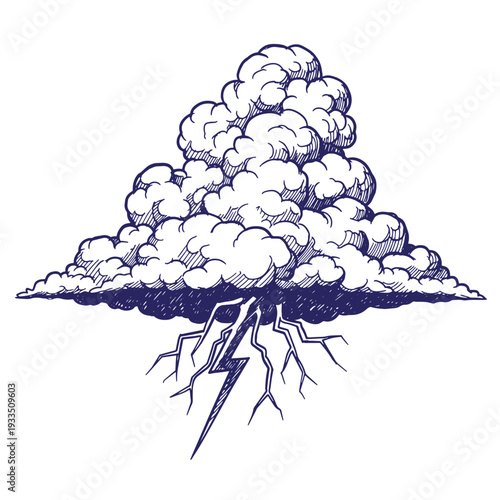 Illustration of a large storm cloud with lightning bolt and rain isolated on white background