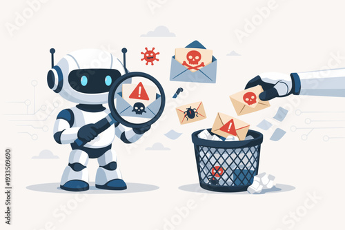 AI Robot Scanning and Deleting Scam Emails for Cyber Security Concept. Artificial Intelligence Detecting Phishing, Malware, and Virus Threats in Digital Mailbox to Ensure Data Protection.