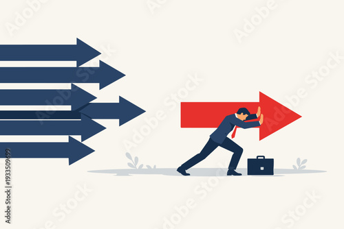 Businessman Pushing Large Red Arrow in Opposite Direction of Blue Arrows, Concept of Business Strategy, Leadership, Innovation, Courage, and Going Against the Grain to Achieve Success and Growth