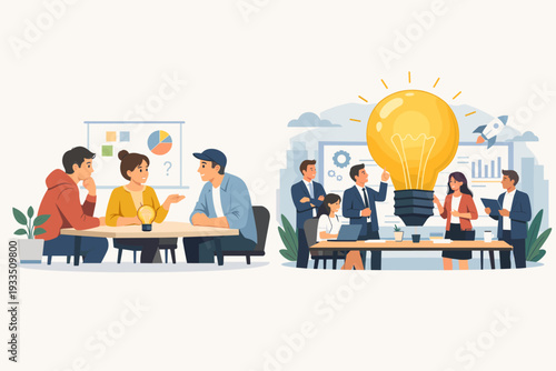 Business team comparison showing a small startup with a tiny lightbulb idea versus a large professional corporate group with a massive glowing lightbulb, representing growth and innovation.