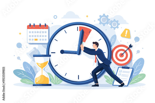 Time Management and Deadline Concept with Businessman Pushing Clock Hand to Stop Time, Productivity and Efficiency Illustration with Calendar, Hourglass, Target, and Checklist in Flat Style.