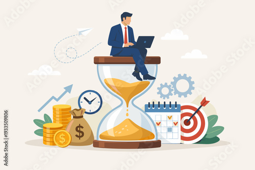 Businessman sitting on a giant hourglass working on a laptop, concept of time management, productivity, and time is money with clock, calendar, target, and money bag icons in flat vector style.