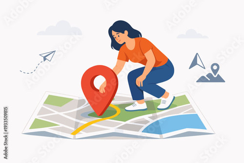 Woman Placing a Large Red GPS Location Pin on a Folded Paper Map for Navigation and Travel Planning, Flat Vector Illustration Concept for Direction, Route Finding, and Destination Tracking