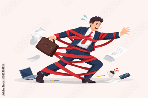 Businessman Trapped and Tangled in Red Tape Struggling to Move Forward, Concept of Bureaucracy, Corporate Inefficiency, Business Failure, and Overwhelming Work Hurdles, Stress, and Obstacles.