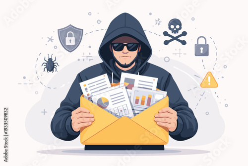 Cybercriminal hacker in a hoodie holding a large envelope with stolen confidential documents and data reports, illustrating phishing, identity theft, malware, and internet security breach.