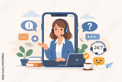 Online Customer Service Concept with Female Operator on Smartphone Screen. Professional Hotline Assistant Providing 24/7 Technical Support, Help Desk, and Personal Virtual Assistant Services.