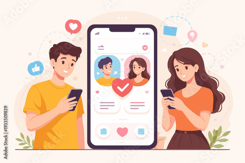 Online Dating App Concept with Happy Man and Woman Matching on Mobile Phone Screen. Couple Using Smartphone for Virtual Romance, Social Media Relationship, Love and Connection Vector Illustration.