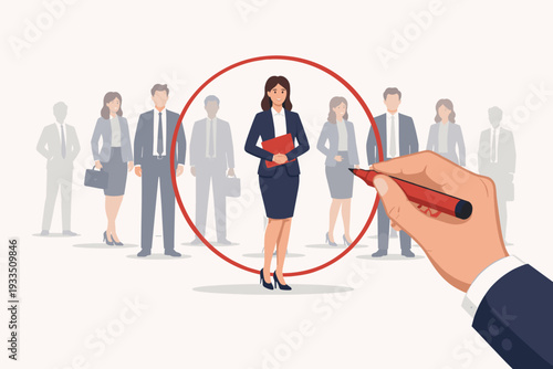 Hand drawing a red circle around a professional businesswoman in a group of candidates. Concept of recruitment, talent selection, headhunting, and human resources management. Flat vector design.