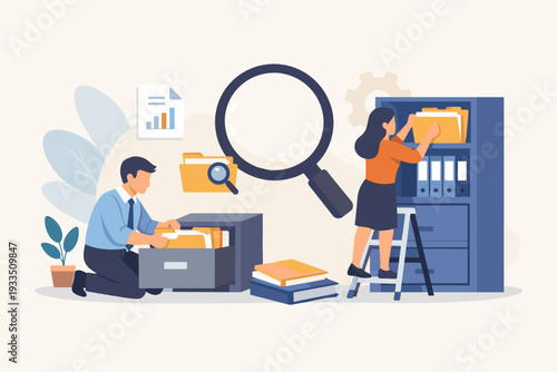 Professional Office Workers Searching for Files and Documents in Filing Cabinets and Shelves, Flat Vector Illustration for Business Data Management, Archiving, Research, and Organization.