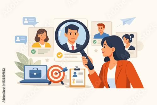 Recruitment and Hiring Concept with Professional Woman HR Manager Using Magnifying Glass to Search for Best Candidate Profile, Human Resources Headhunting, Job Search, Talent Acquisition Vector.