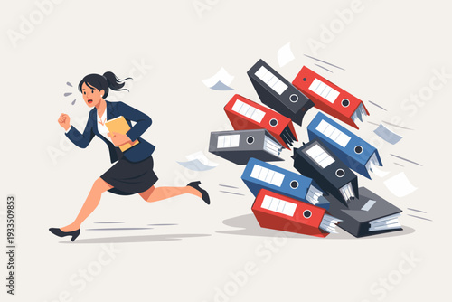 Overworked and exhausted businesswoman running away from a massive pile of falling binders and paperwork, concept of work overload, stress, burnout, and deadline pressure in a corporate office.