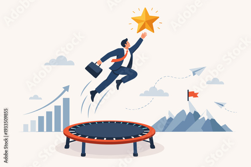 Businessman Jumping on Trampoline to Reach Golden Star, Concept of Business Success, Achievement, and Growth, Ambitious Professional Reaching High Goals, Motivation and Career Advancement.
