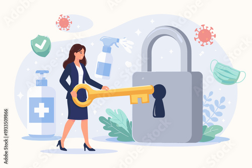 Businesswoman Unlocking Large Padlock with Golden Key, Symbolizing Reopening Business and Adapting to New Normal During COVID-19 Pandemic with Hand Sanitizer, Face Mask, and Protective Measures.