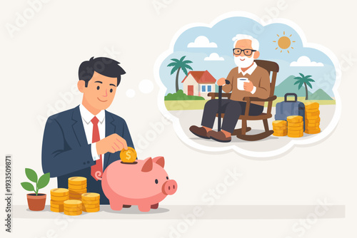 Businessman putting gold coin in piggy bank for retirement planning. Thought bubble shows elderly man relaxing in rocking chair with savings and house. Financial investment and pension concept.