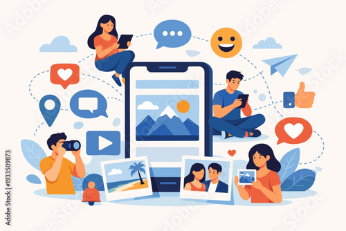 Social Media Networking Concept Illustration with People Sharing Photos and Communicating via Smartphone. Flat Vector Design Featuring Icons for Likes, Comments, and Messages in Digital Space.