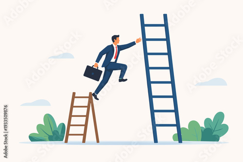 Businessman Jumping from Small Ladder to a Tall Corporate Ladder, Representing Startup Growth, Career Advancement, Scaling a Business, Professional Success, and Ambitious Entrepreneurship.