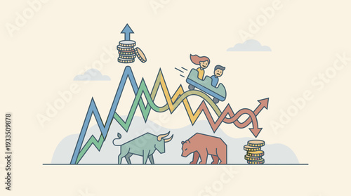 Financial Stock Market Volatility Concept Illustration Featuring Bull and Bear Symbols with People Riding a Roller Coaster on a Fluctuating Line Graph Representing Investment Risk and Reward