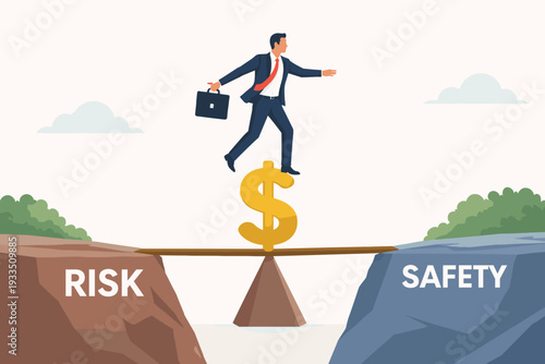 Businessman Balancing on a Dollar Sign Plank Between Risk and Safety Cliffs, Concept of Financial Risk Management, Investment Strategy, and Choosing Security Over Danger in Business Decisions.
