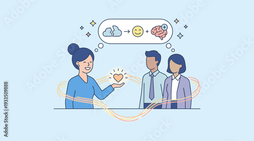 Vector illustration of a woman sharing positive emotions and mental health support with coworkers, featuring heart, brain, and smiley face icons for empathy, wellness, and psychological help.